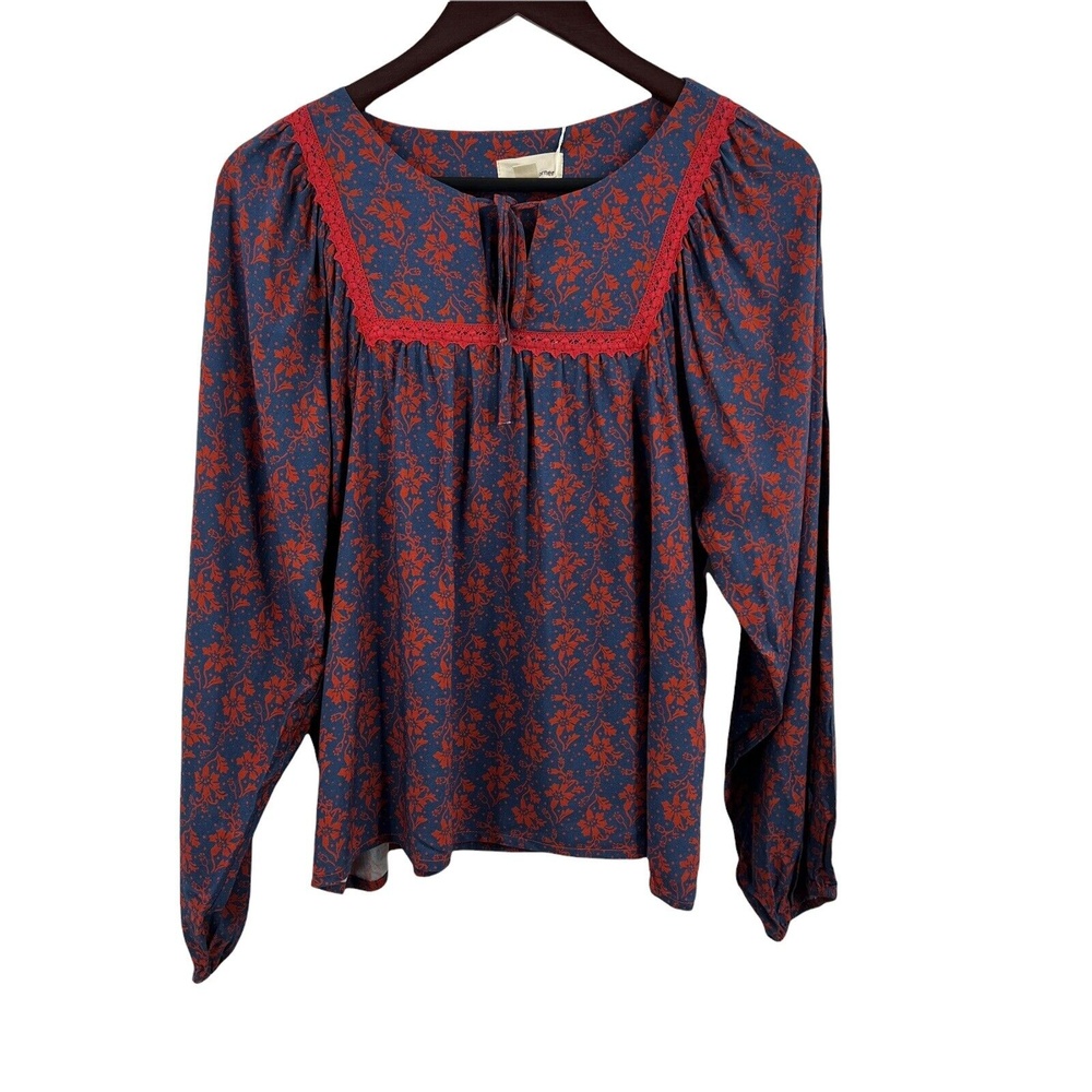 The Korner Top Folk Boho Blue with Red Floral Embroidered Blouse Size Small New